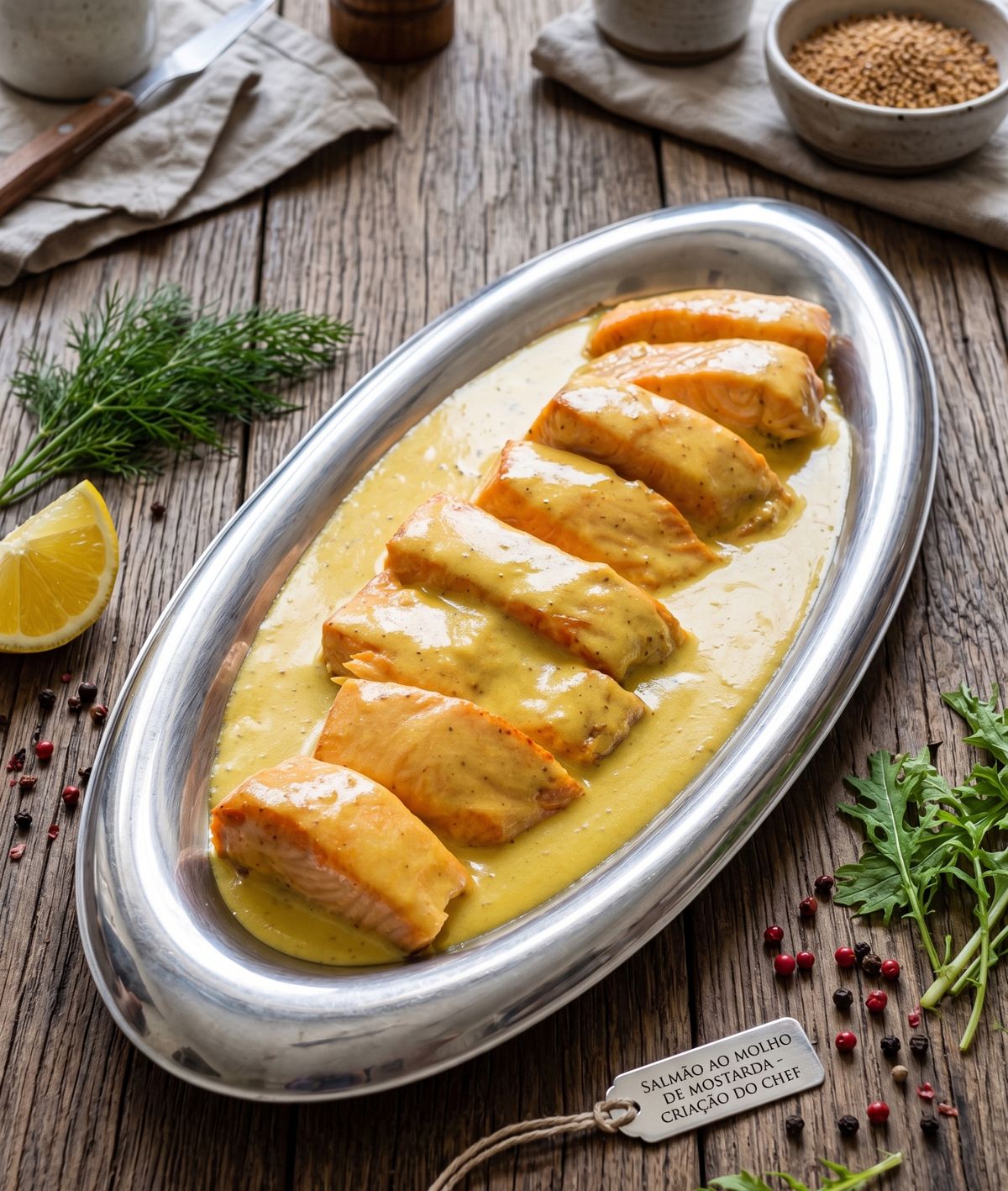 Salmão ao molho de mostarda servido em travessa